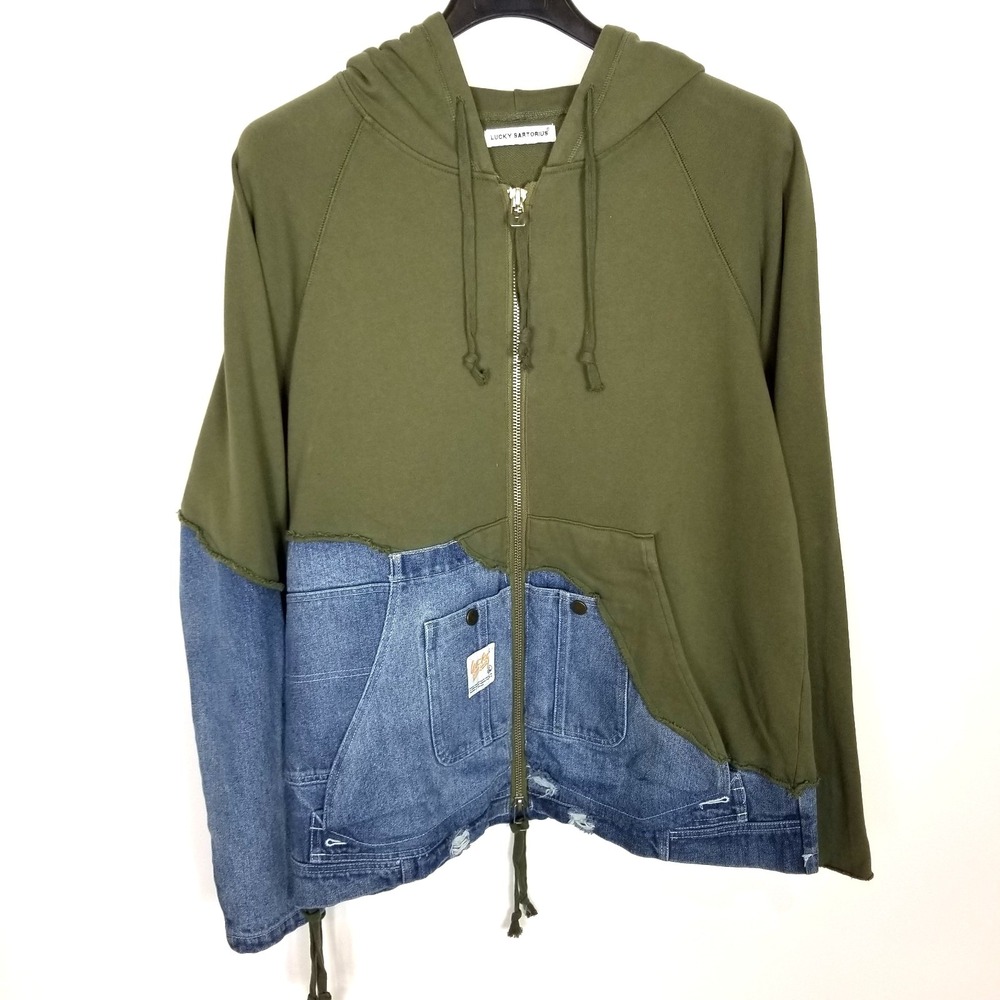 Lucky Sartorius Men Green Denim Patchwork Full Zip Hooded Jacket Sz‎ XL Pockets